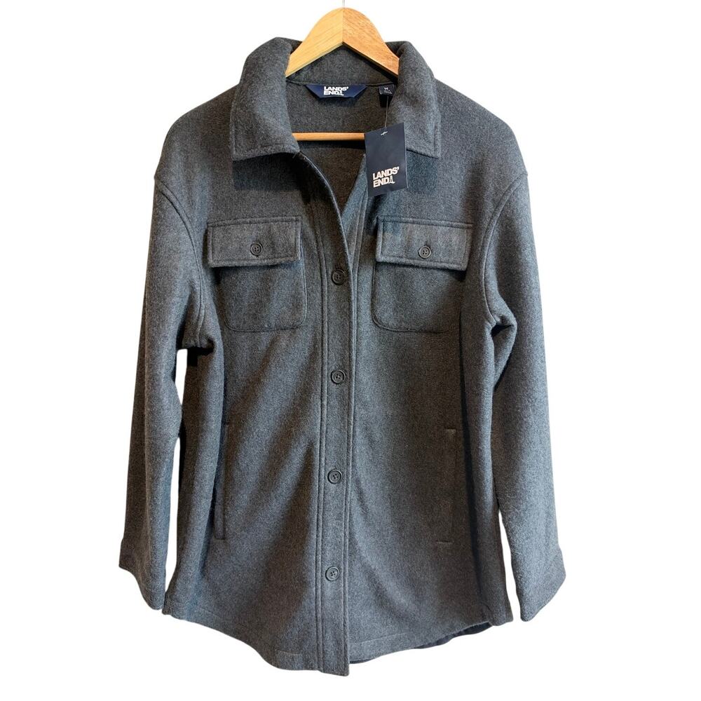 Lands' End Women's Gray Fleece Button Up Shirt Jacket Shacket M NEW